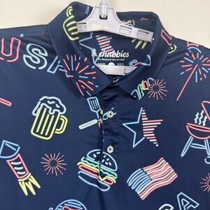 Chubbies Mens Medium USA The Weekend Has Arrived Neon BBQ Fireworks Polo Shirt